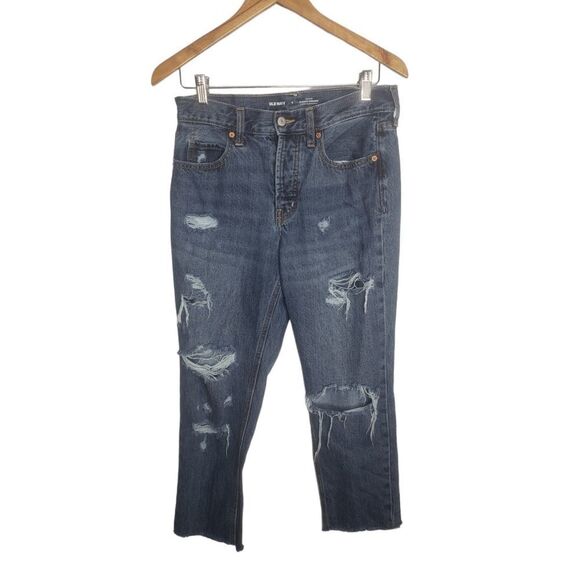 Old Navy High Rise Slouchy Straight Button Fly Ankle Jeans Distressed Size 4 - Picture 2 of 7